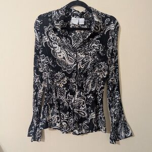 90s Y2K Black White Patterned Collared Shirt Sheer Plisse Blouse